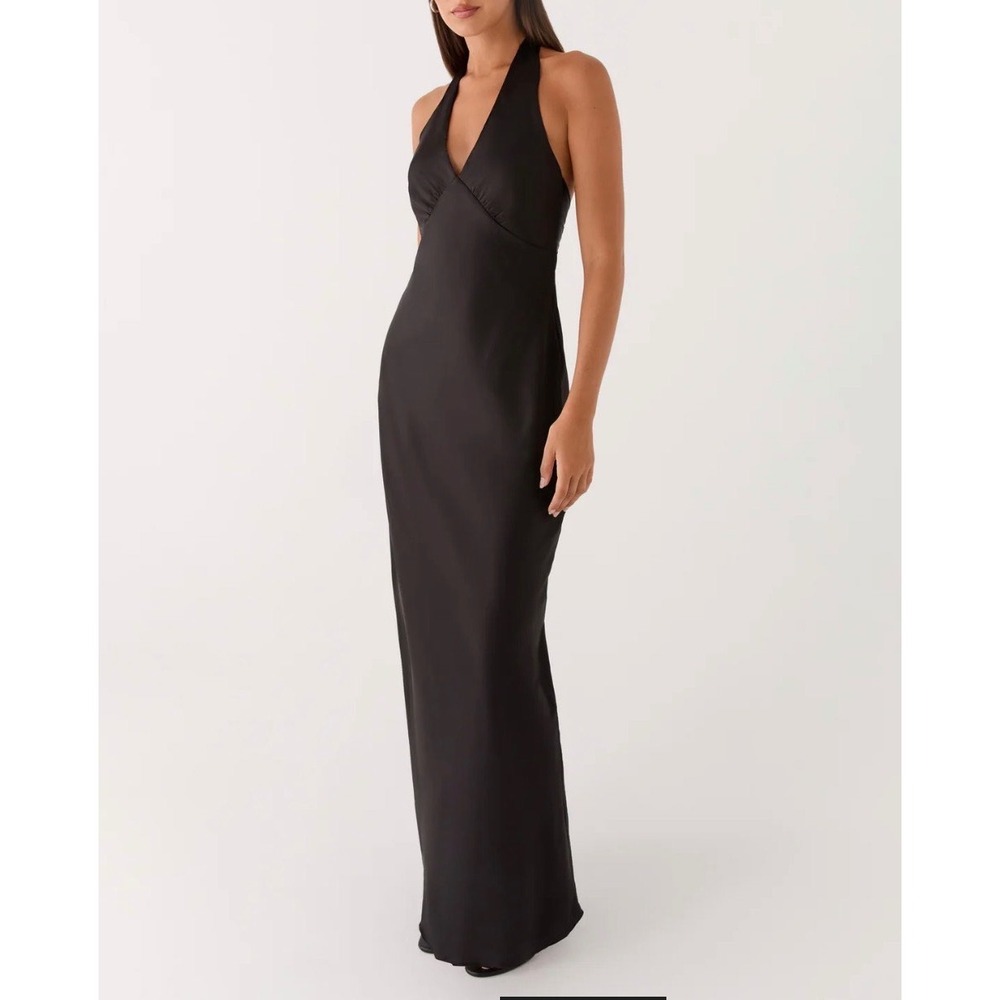 NEW Peppermayo Heavy Hearted Satin Maxi Dress Black Halter Open Back US 12